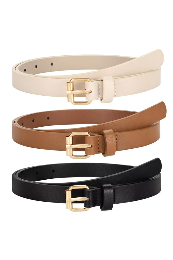 Skinny Women Leather Belts for Dress Skinny Waist Belt for Jeans with Gold Buckle