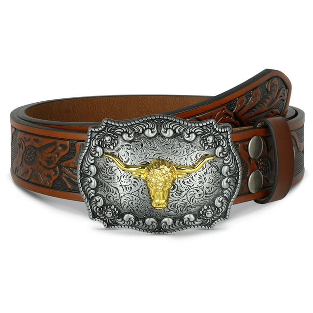 WHIPPY Genuine Leather Western Belts, Longhorn Bull Buckle Belt for Men