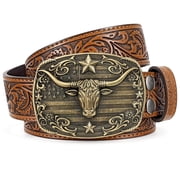 Western Belts for Men Women Cowboy Leather Embossed Belt for Jeans Gifts