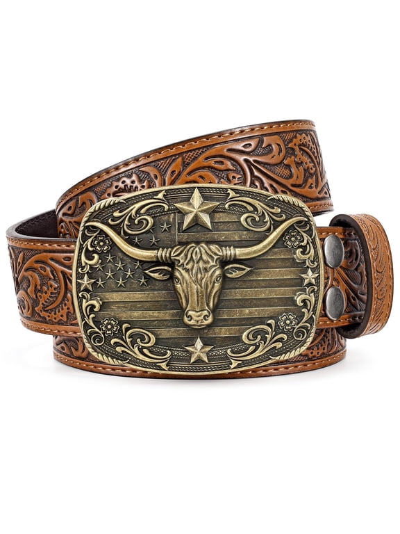 Western Belts for Men Women Cowboy Leather Embossed Belt for Jeans Gifts