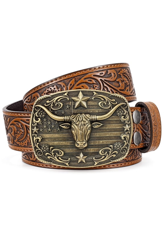 Western Belts for Men Women Cowboy Leather Embossed Belt for Jeans Gifts