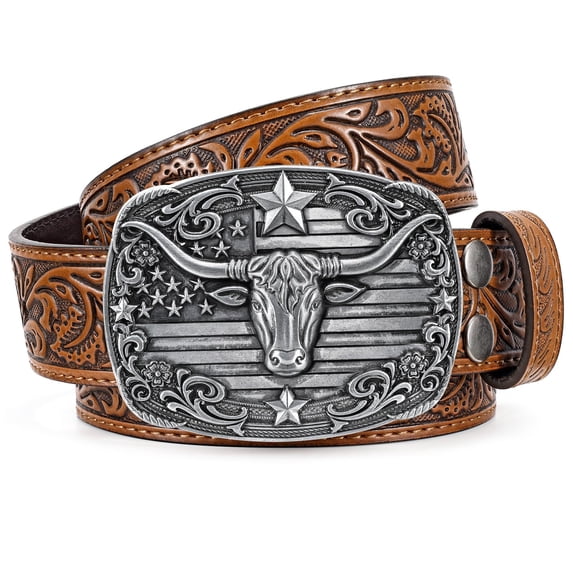 WHIPPY Western Belts for Men Women Cowboy Leather Embossed Belt for Jeans Gifts