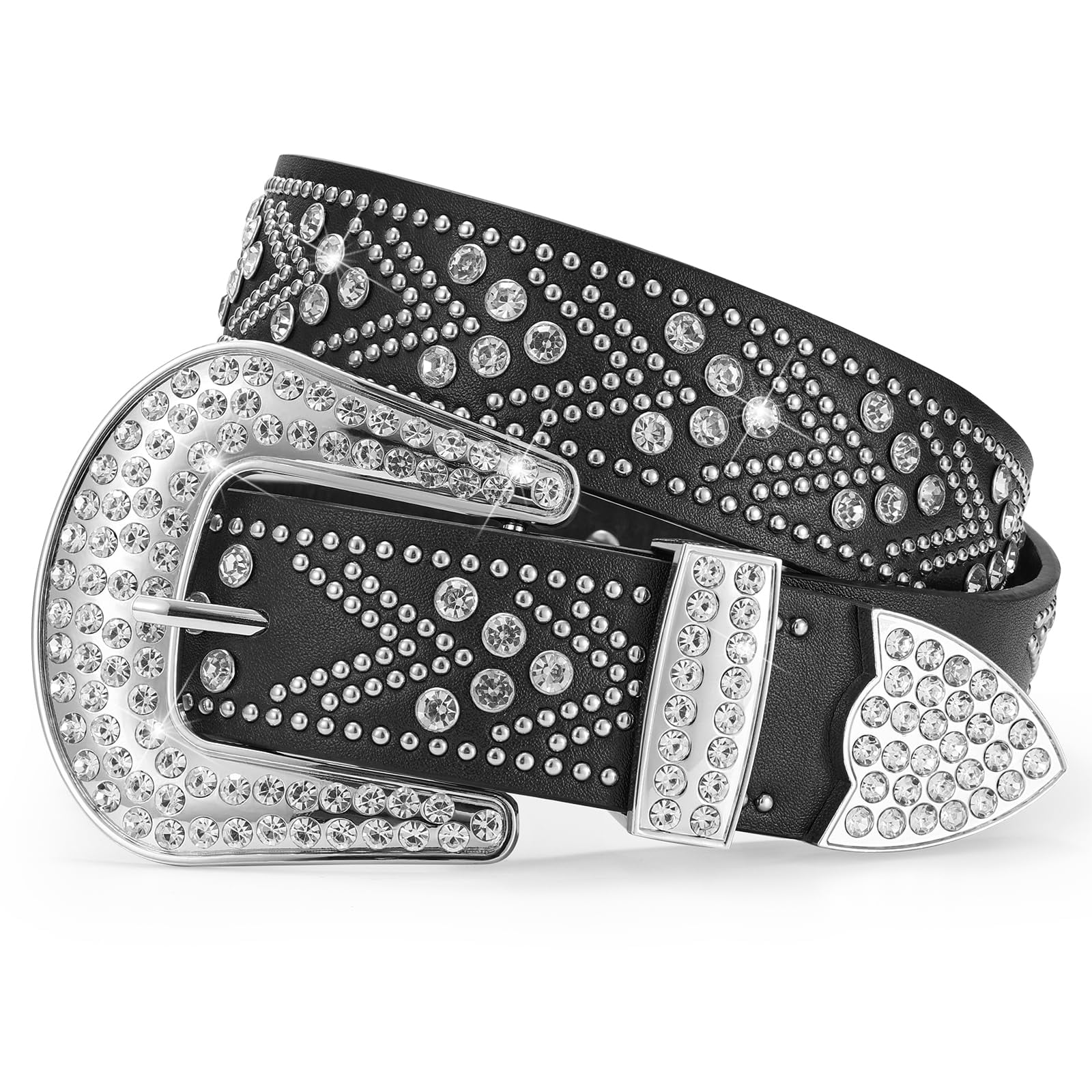 Genuine Leather Western Belt with Rhinestone Buckle for Women Men Western Rhinestone Mens Belt - Black Studded Western Belt  main image 3