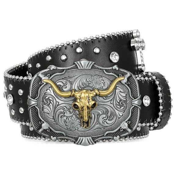 WHIPPY Western Cowboy Leather Belts for Men Women Cowgirl Rhinestone Studded Belt for Jeans Pants