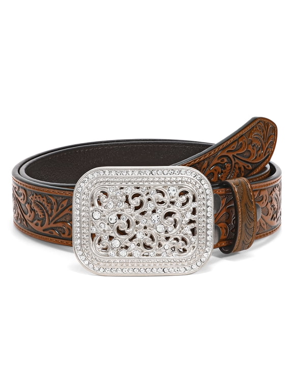 Western Genuine Leather Belt for Women Men Cowgirl Cowboy Scroll Embossed Buckle Belt