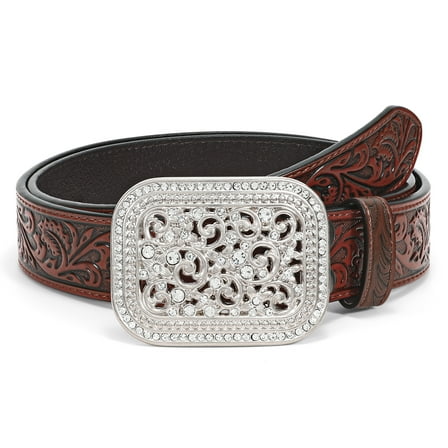 WHIPPY Western Genuine Leather Belt for Women Men Cowgirl Cowboy Scroll Embossed Buckle Belt