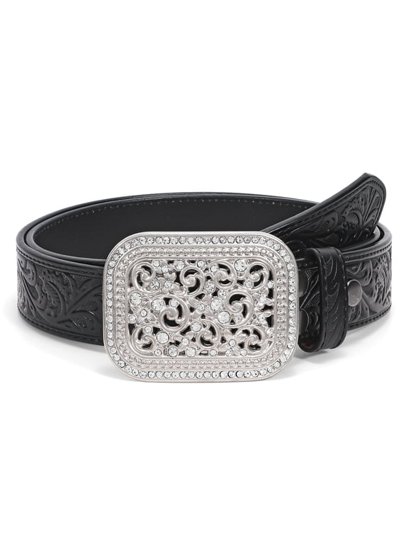 Western Genuine Leather Belt for Women Men Cowgirl Cowboy Scroll Embossed Buckle Belt