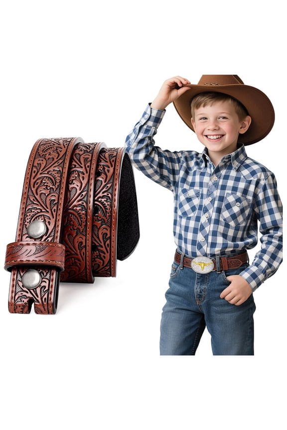 Western Leather Belt Strap for Kids Boys Girls Cowboy Cowgirl Embossed Belt Strap without Buckle