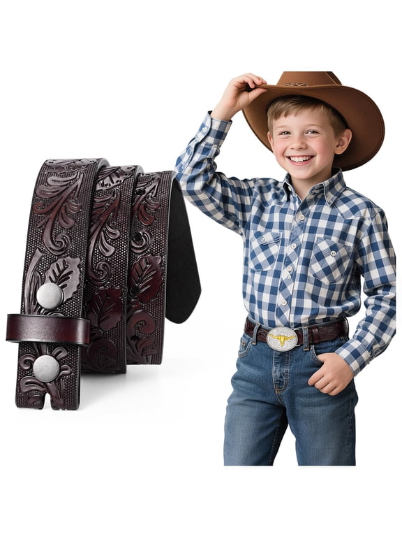 Western Leather Belt Strap for Kids Boys Girls Cowboy Cowgirl Embossed Belt Strap without Buckle