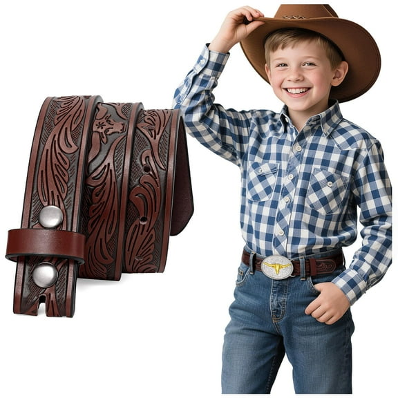 WHIPPY Western Leather Belt Strap for Kids Boys Girls Cowboy Cowgirl Embossed Belt Strap without Buckle
