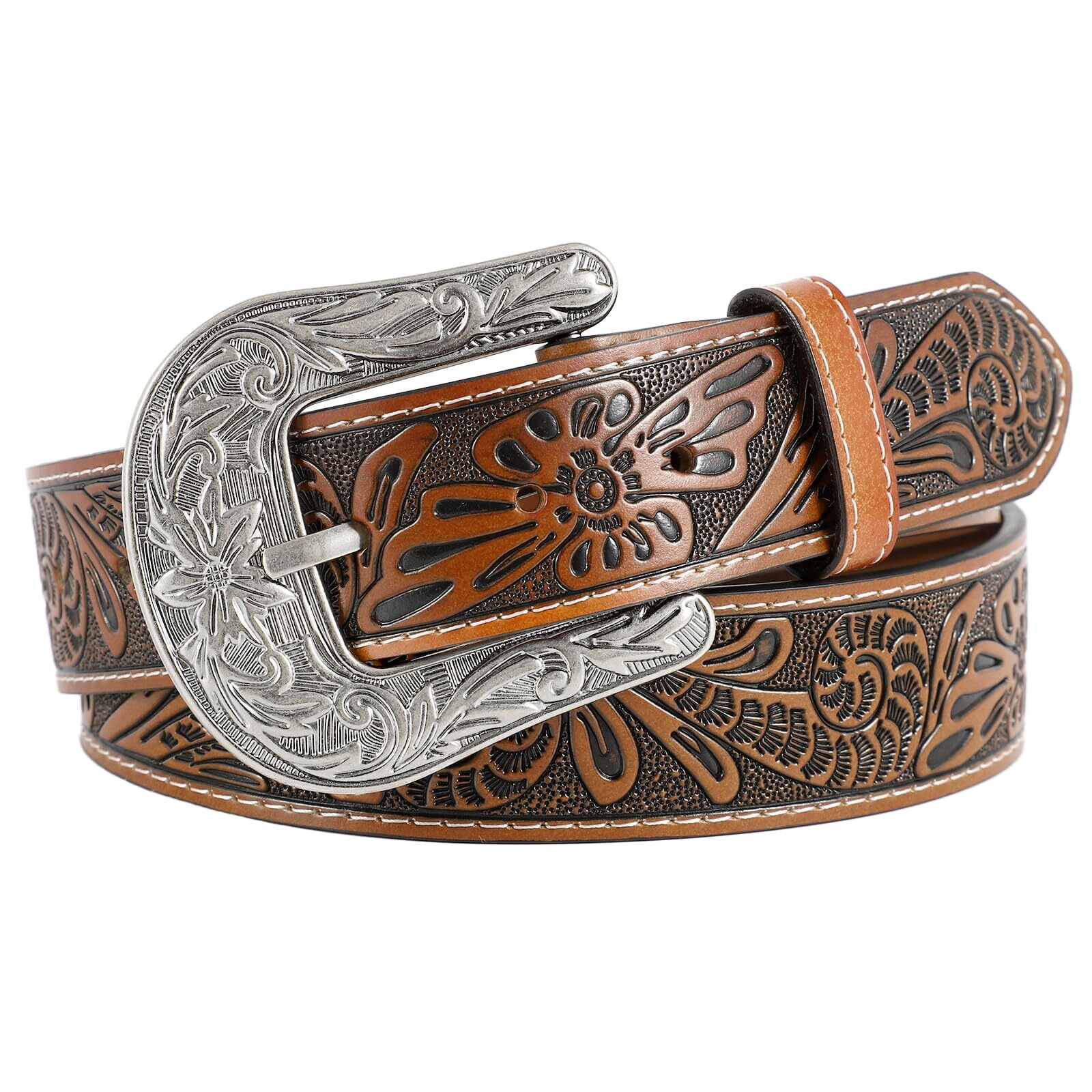 Vintage western embossed floral leather belt with silver metal floral buckle Western Belt For Women Women main image 2