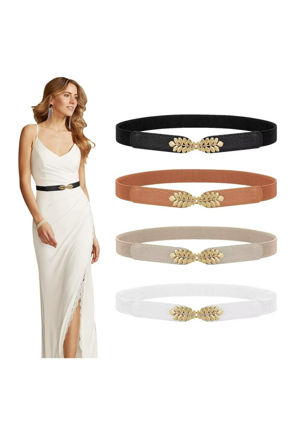 Women Elastic Skinny Belts with Gold Buckle Stretch Ladies Belts for Dresses