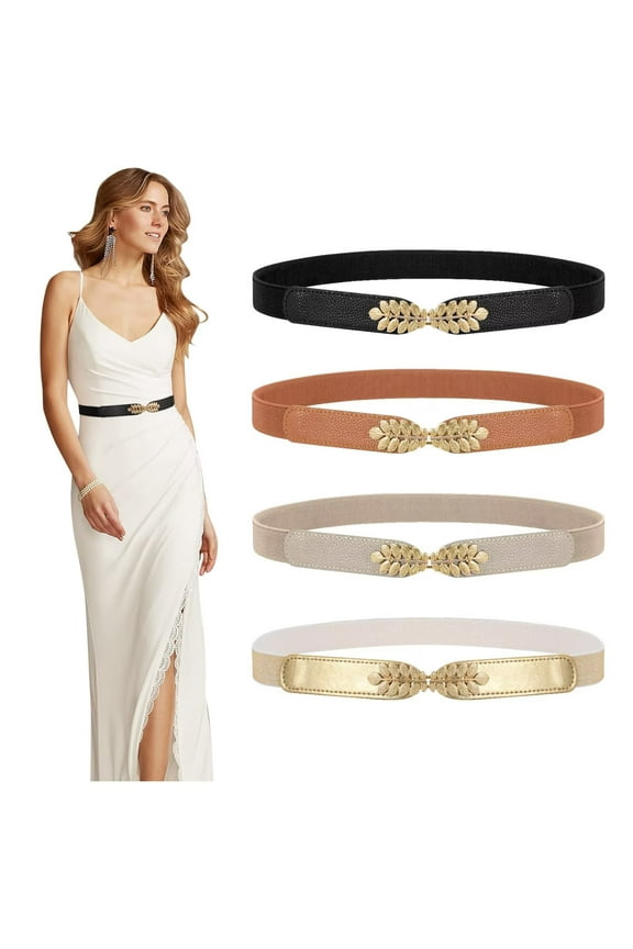 Women Elastic Skinny Belts with Gold Buckle Stretch Ladies Belts for Dresses