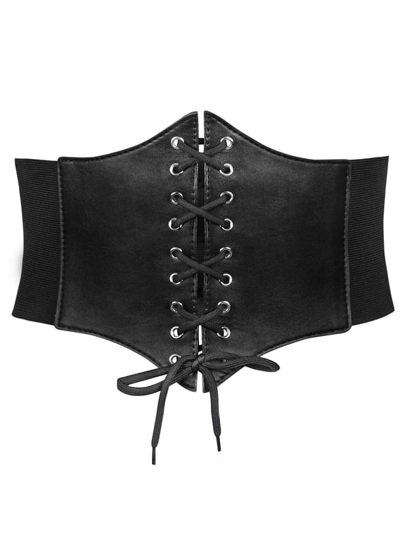 Women Lace-up Corset Waist Belt, Elastic Black Wide Belt For Dresses