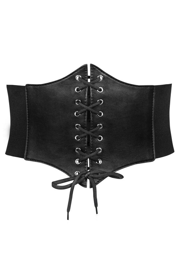 Women Lace-up Corset Waist Belt, Elastic Black Wide Belt For Dresses