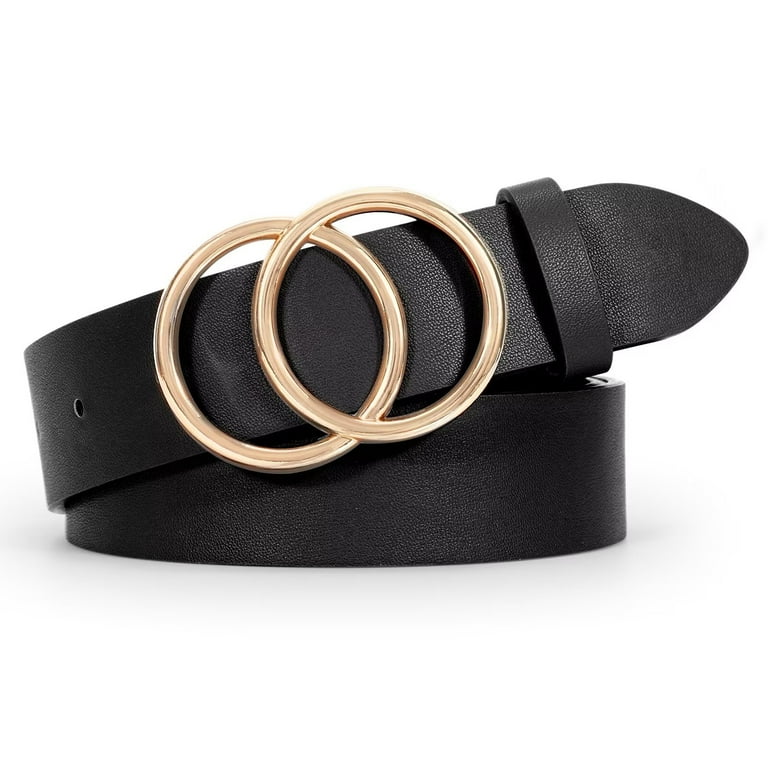 Whippy Women Leather Belt, Double Ring Buckle, Black Waist Belt