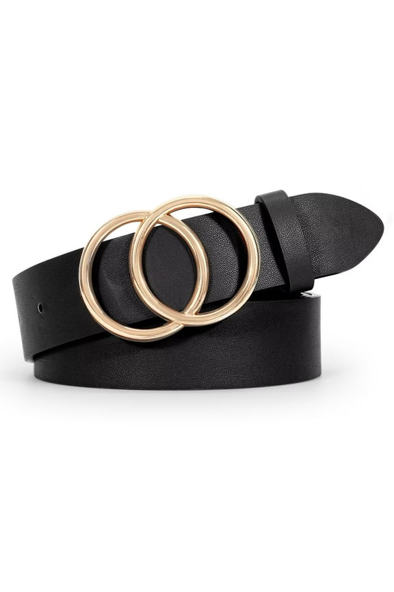 Women Leather Belt with Double Ring Buckle, Black Waist Belt for Jeans Dresses