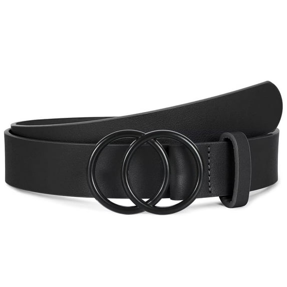 WHIPPY Women Leather Belt with Double Ring Buckle, Black Waist Belt for Jeans Dresses