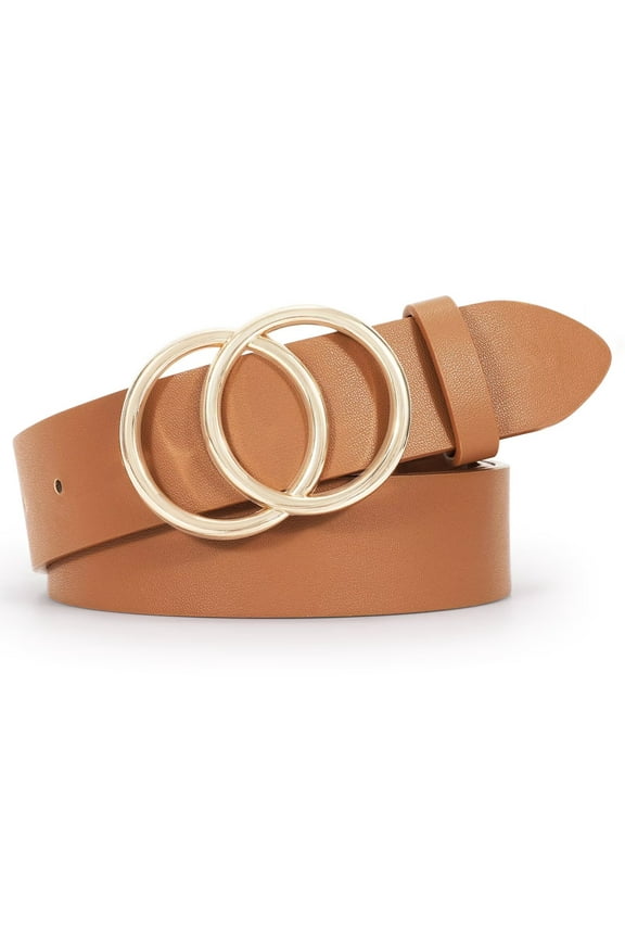 Women Leather Belt with Double Ring Buckle, Brown Waist Belt for Jeans Dresses
