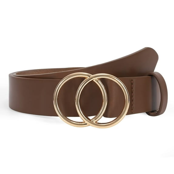 WHIPPY Women Leather Belt with Double Ring Buckle, Coffee Waist Belt for Jeans Dresses