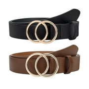WHIPPY Women Leather Belt with Double Ring Buckle, Ladies Waist Belt for Jeans Dresses 2 Pack