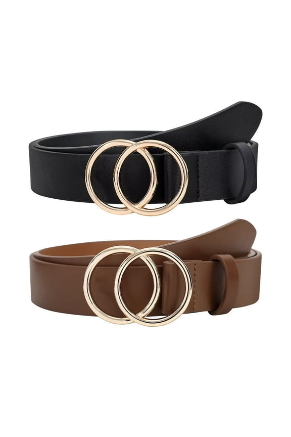 Women Leather Belt with Double Ring Buckle, Ladies Waist Belt for Jeans Dresses 2 Pack