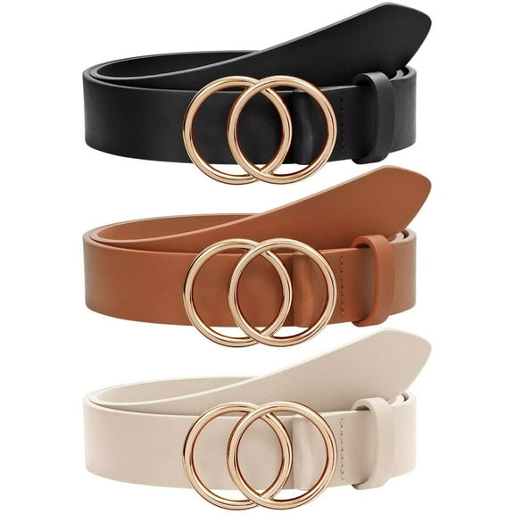 WHIPPY Women Leather Belt with Double Ring Buckle, Ladies Waist Belt for Jeans Dresses 3 Pack