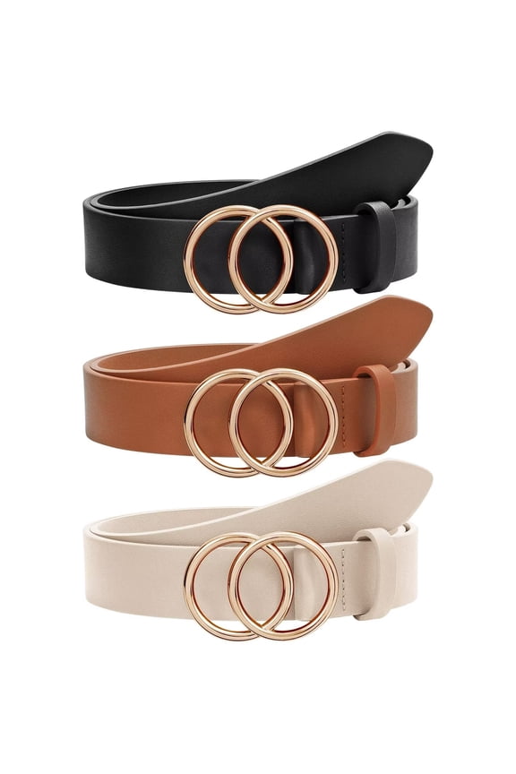 Women Leather Belt with Double Ring Buckle, Ladies Waist Belt for Jeans Dresses 3 Pack