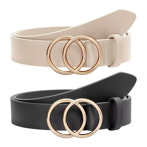 WHIPPY Women Leather Belt with Double Ring Buckle, Ladies Waist Belt for Jeans Dresses 2 Pack