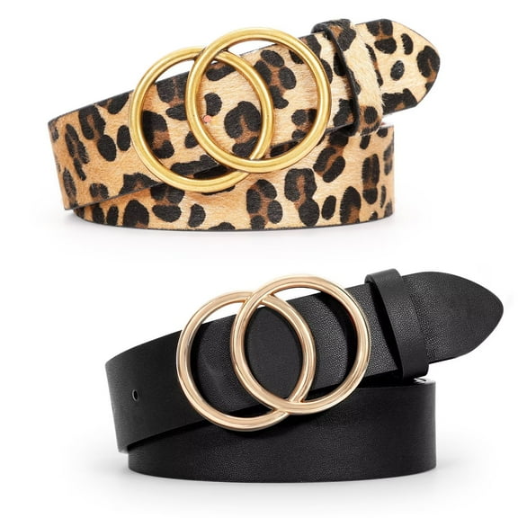 WHIPPY Women Leather Belt with Double Ring Buckle, Leopard Belt for Jeans Dresses
