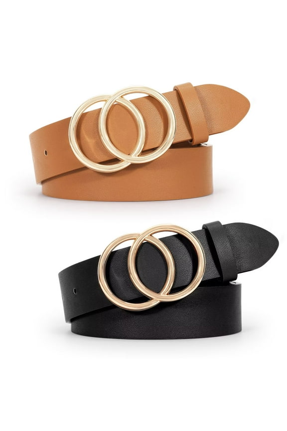 Women Leather Belt with Double Ring Buckle, Plus Size Waist Belt for Jeans Dresses