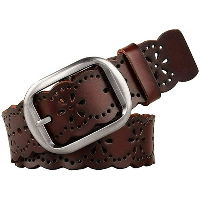 WHIPPY Women Leather Hollow Flower Belt for Jeans, Black Belt with Pin