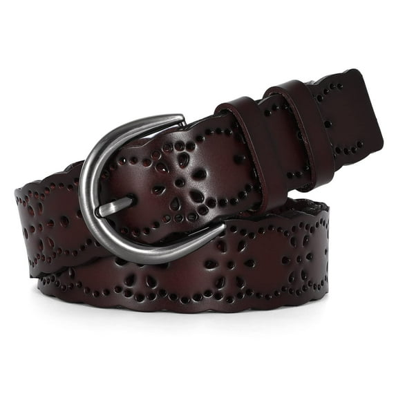 WHIPPY Women Leather Hollow Flower Belt for Jeans, Black Belt with Pin Buckle
