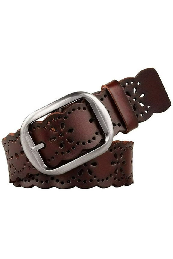 Women Leather Hollow Flower Belt for Jeans, Black Belt with Pin Buckle