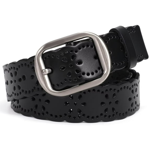 WHIPPY Women Leather Hollow Flower Belt for Jeans, Black Belt with Pin Buckle