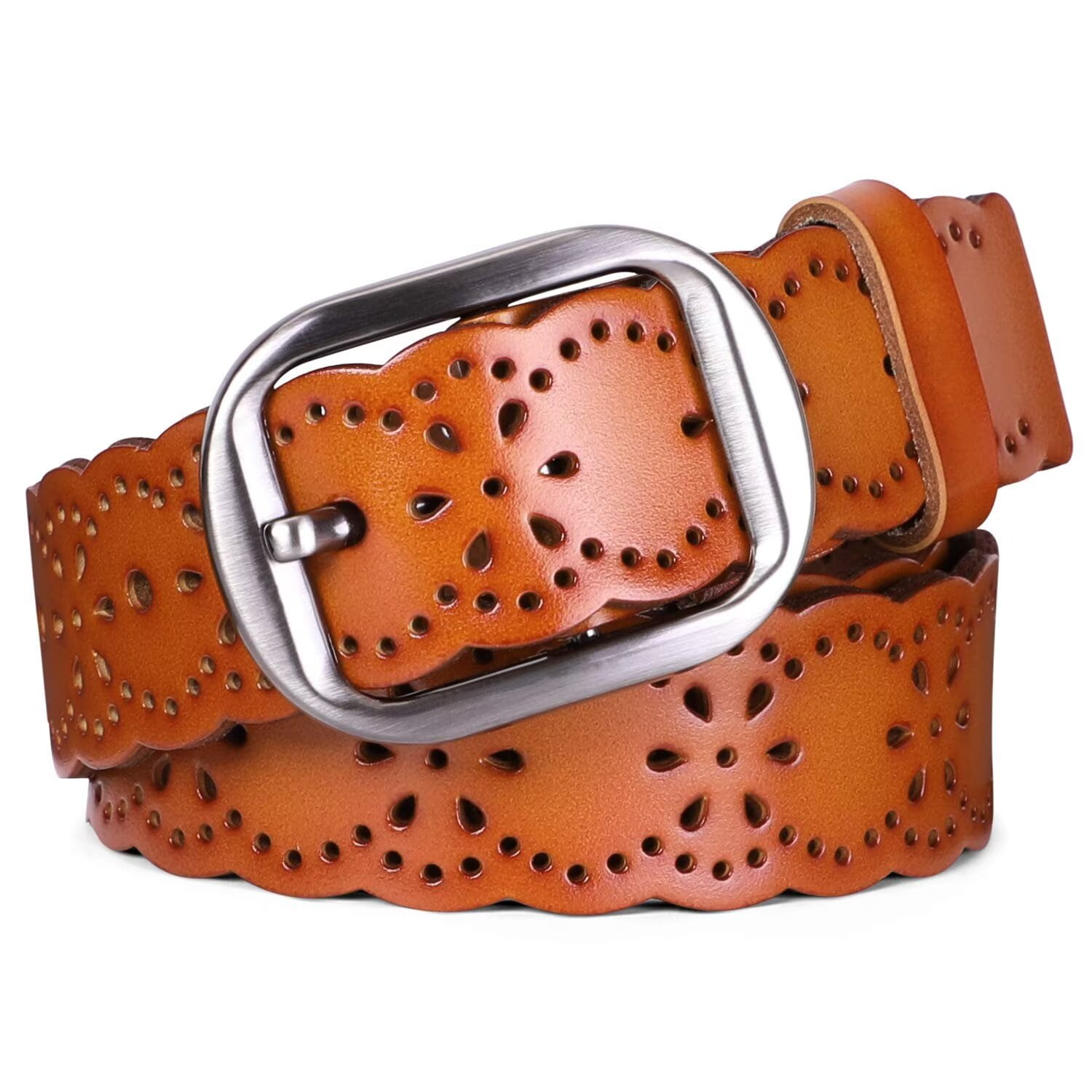 Genuine Leather Hollow Flower Belt for Jeans Pants - Wide Belt 1.5in Women PU Leather Waist Belt 1.5 in Wide with Golden Metal  main image 4