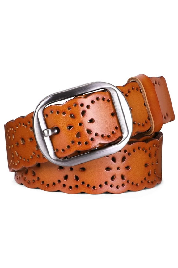 Women Leather Hollow Flower Belt for Jeans, Brown Belt with Pin Buckle