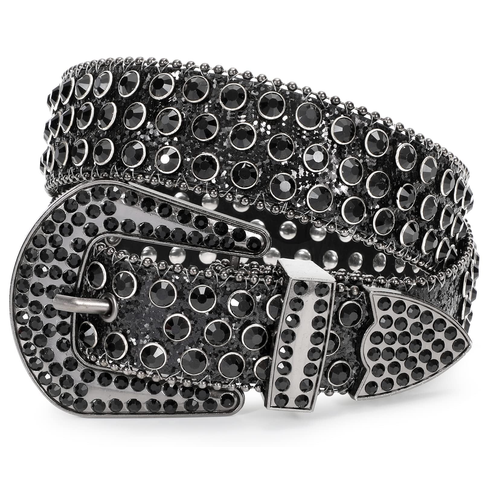 PU Leather Black Funky Belt, Men's Rhinestone Large Size Punk Hip Hop Beads Leather Belt,Temu