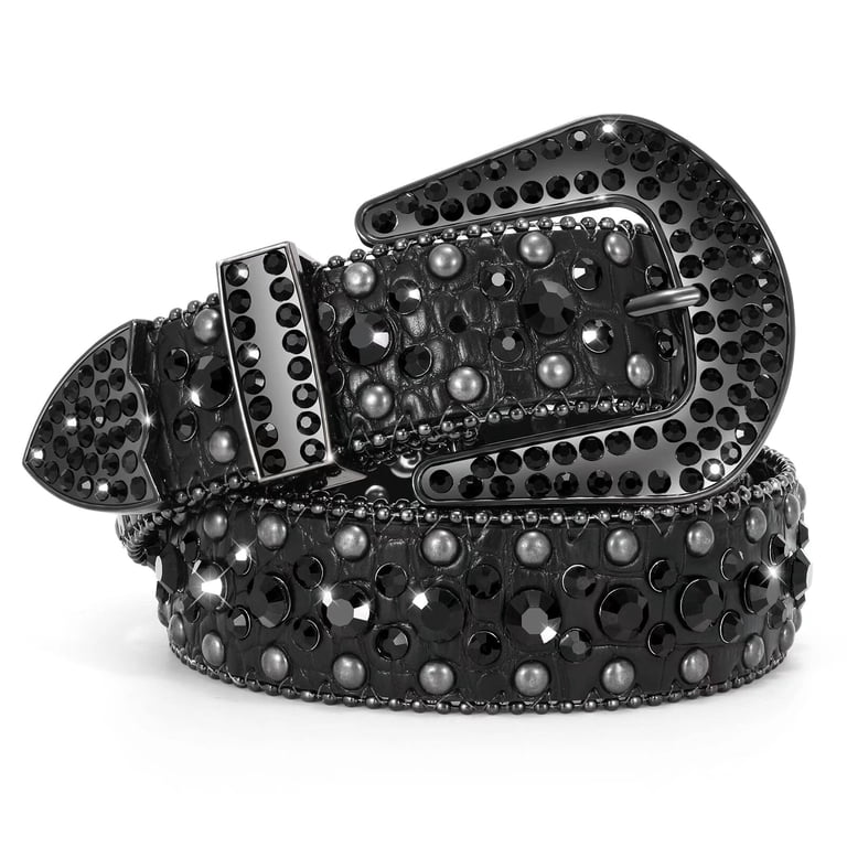 WHIPPY Women Men Rhinestone Studded Leather Belt, Western 