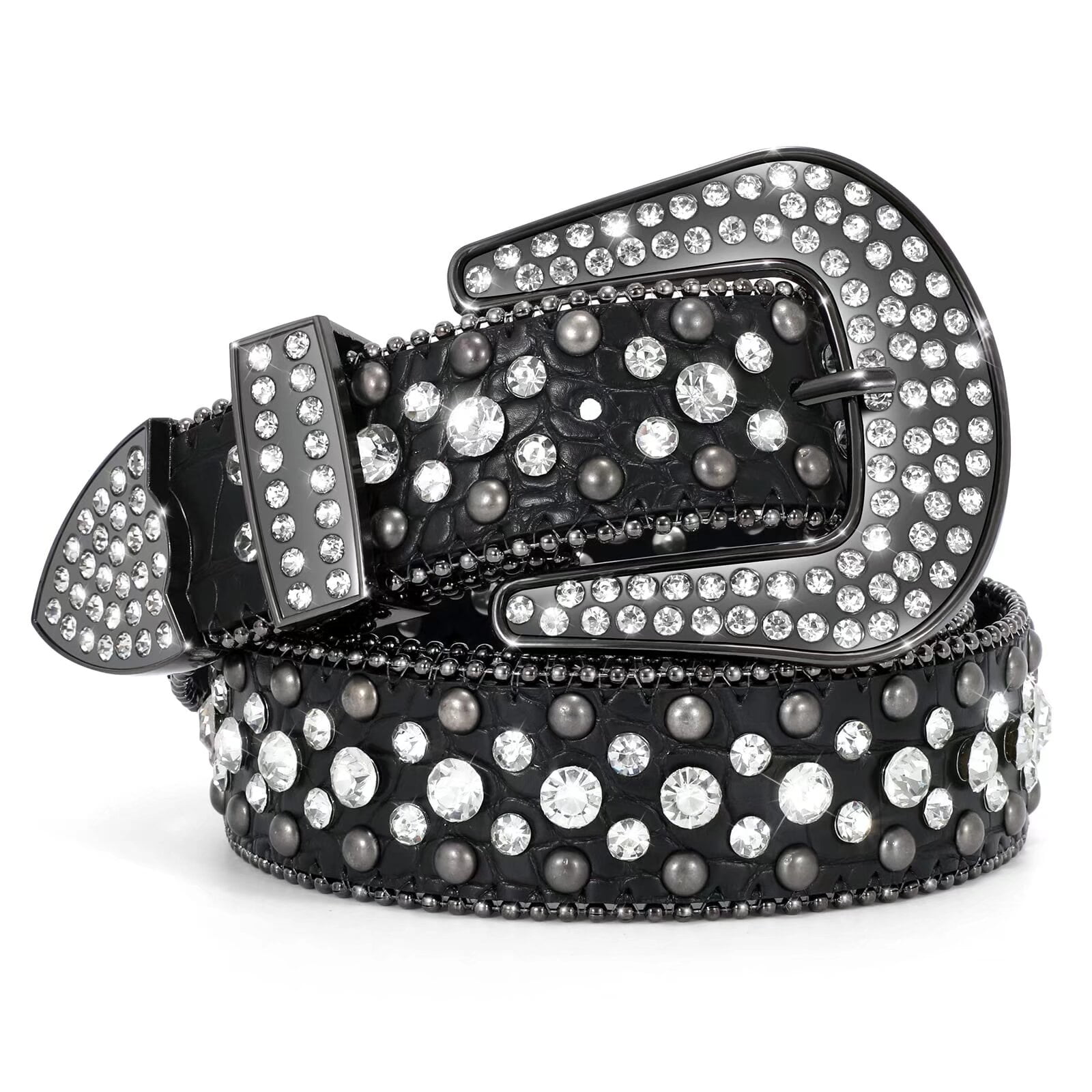 WHIPPY Women Men Rhinestone Studded Leather Belt, Western Cowgirl