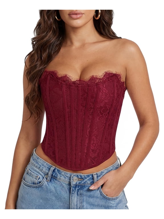 Women's Lace up Corset Tops Lace Boned Overbust Bustier Corset Top