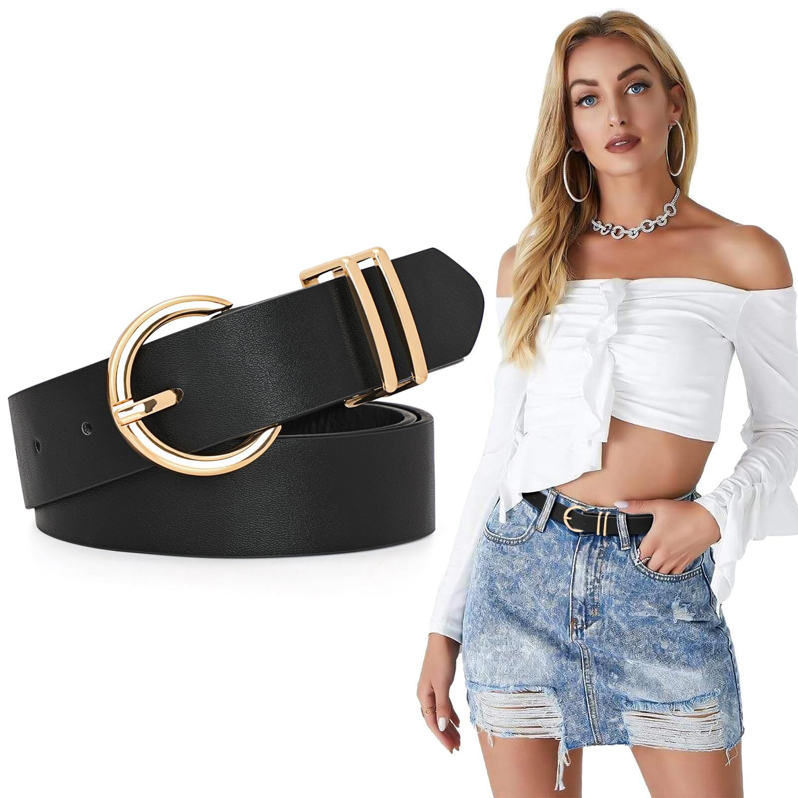 WHIPPY Women's Leather Belt Gold Buckle Plus Size Waist Belts for Jeans