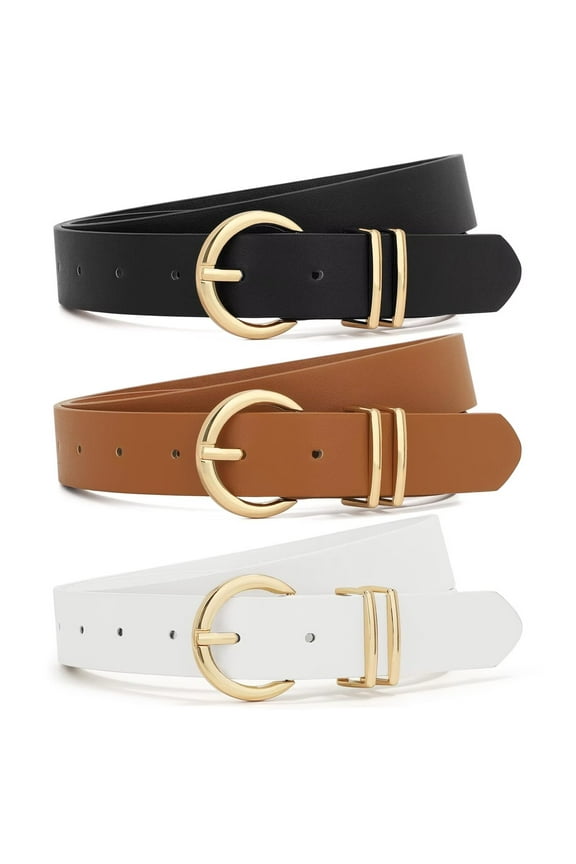 Women's Leather Belt Gold Buckle Waist Belts for Jeans Dresses