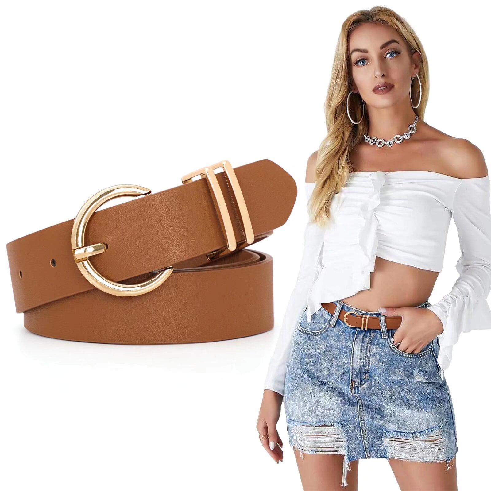 WHIPPY Women's Leopard Leather Belt with Gold Buckle for Jeans and