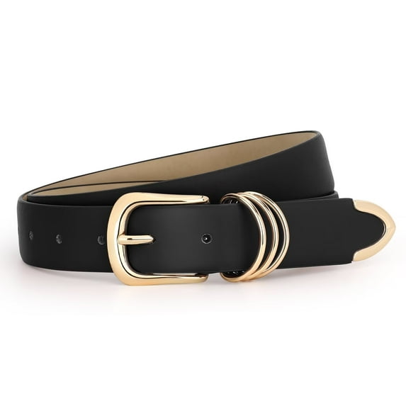 WHIPPY Womens Leather Belts for Jeans Black Casual Ladies Plus Size Dresses Belt with Gold Buckle