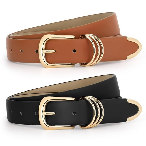 WHIPPY Womens Leather Belts for Jeans Brown Casual Ladies Dresses Belt with Gold Buckle