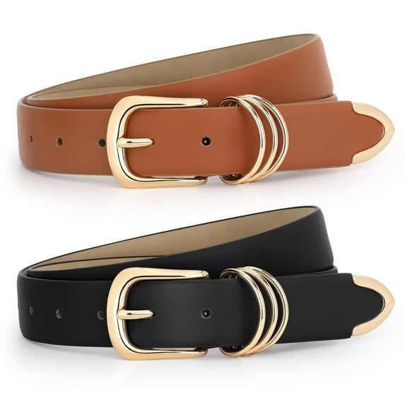 WHIPPY Womens Leather Belts for Jeans Brown Casual Ladies Dresses Belt with Gold Buckle