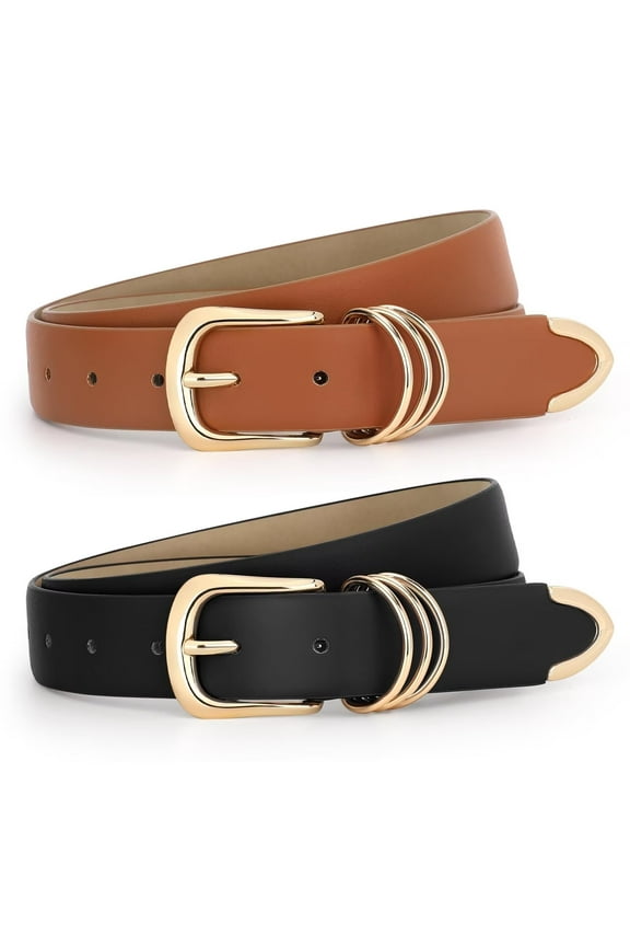 Womens Leather Belts for Jeans Brown Casual Ladies Dresses Belt with Gold Buckle