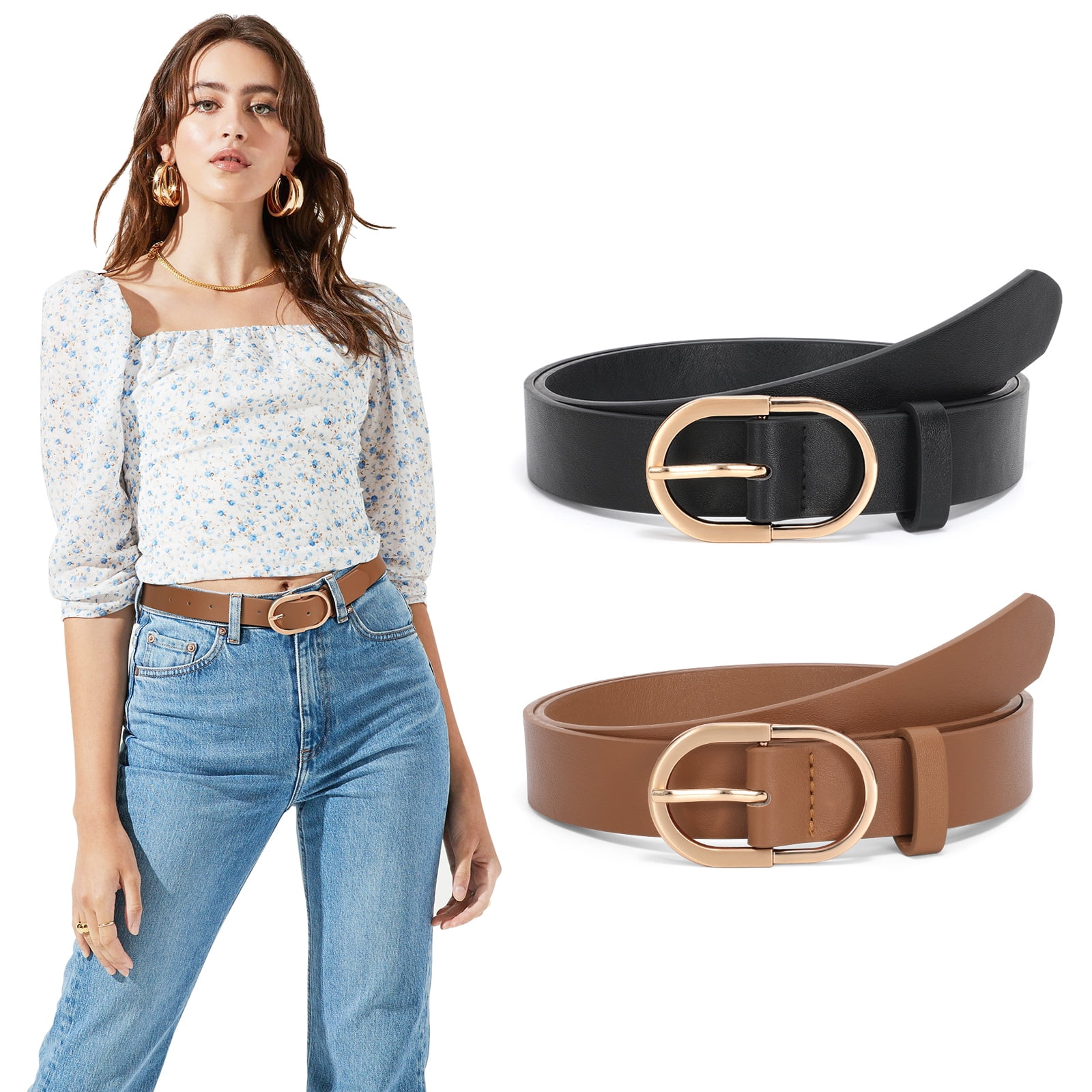 WHIPPY Women's Leather Belts for Jeans Dress Gold Buckle Ladies Waist