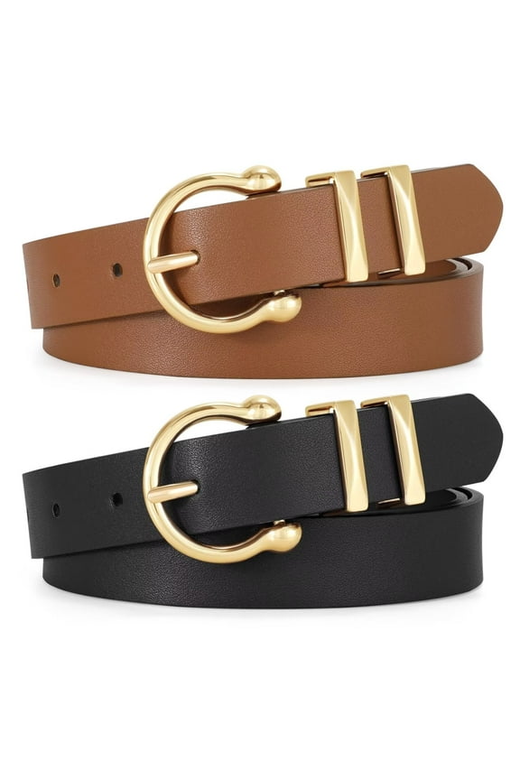 Women's Leather Belts for Jeans Dresses Pants Casual Ladies Belt with Gold Buckle 2 Pack